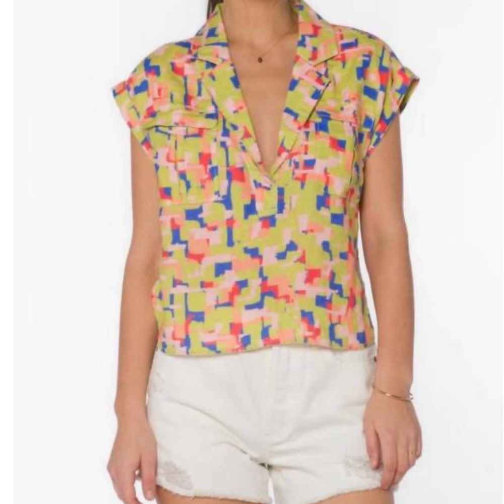 Colorful Linen Button Down Top Abstract Print Coastal Vacation Shirt